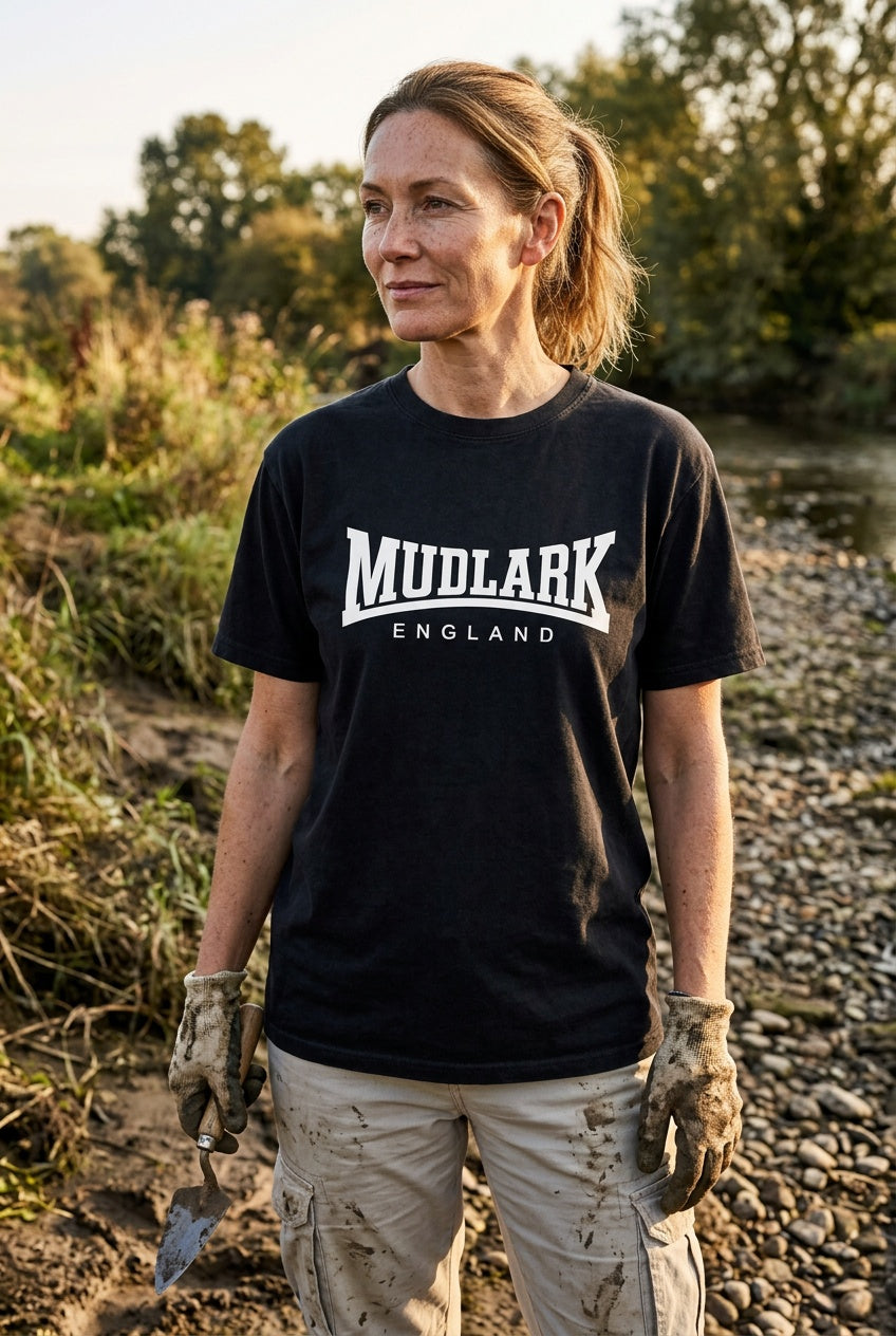 Mudlarking T-shirt: White "Mudlark ENGLAND" logo